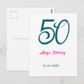 50th birthday add name year turquoise pink bold ポストカード (正面/裏面)