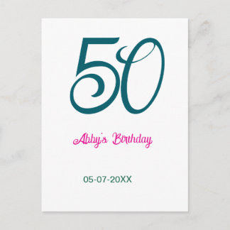 50th birthday add name year turquoise pink bold ポストカード