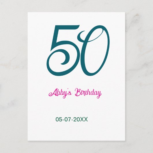 50th birthday add name year turquoise pink bold ポストカード (正面)