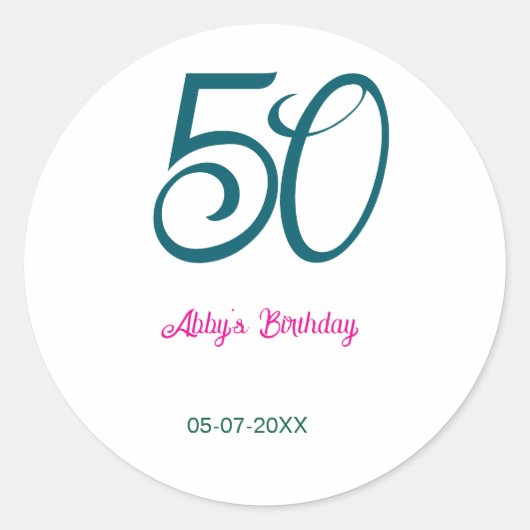 50th birthday add name year turquoise pink bold ラウンドシール (正面)