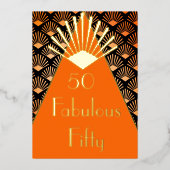 50TH Birthday Art Deco Orange Black Gold  箔招待状 (正面)