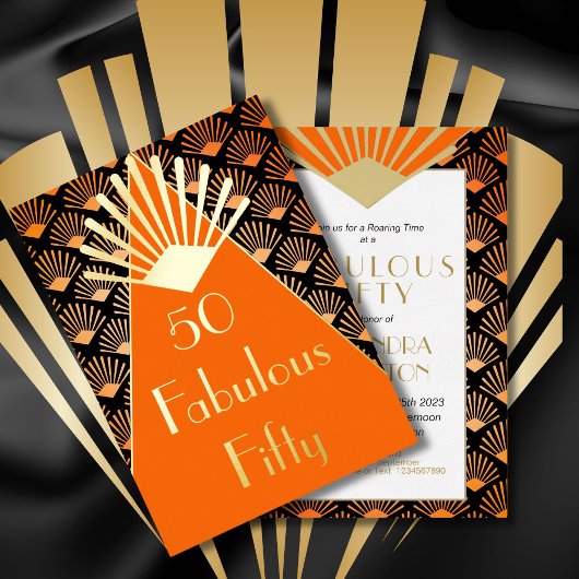 50TH Birthday Art Deco Orange Black Gold  箔招待状
