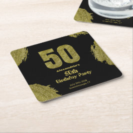 50th birthday black gold glitter party スクエアペーパーコースター
