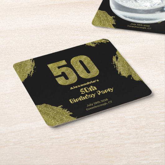 50th birthday black gold glitter party スクエアペーパーコースター (アングル)