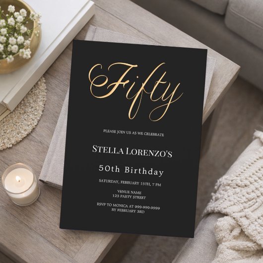 50th birthday black gold script typography 招待状