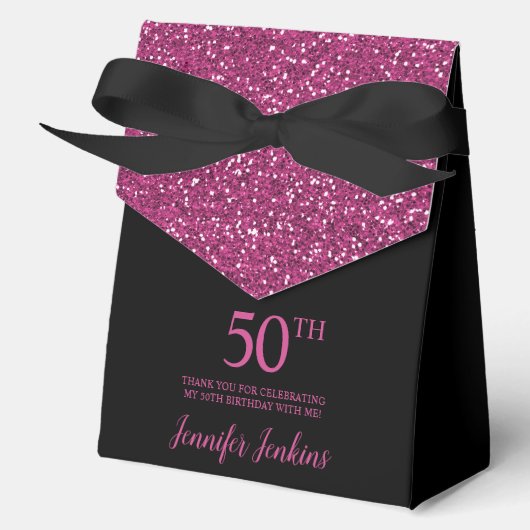 50th Birthday Black Hot Pink Glitter Thank You フェイバーボックス (正面)