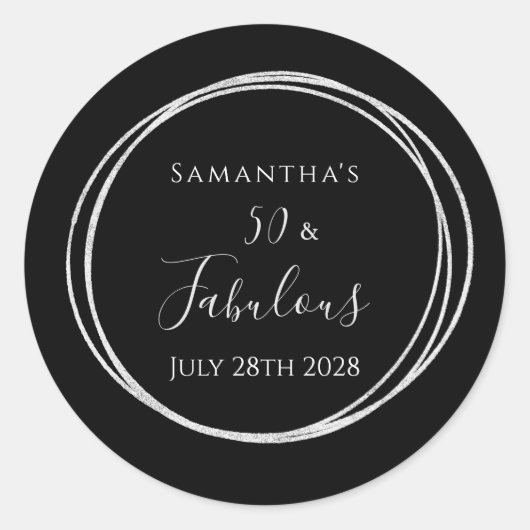 50th Birthday Black Silver 50 and Fabulous Party ラウンドシール (正面)