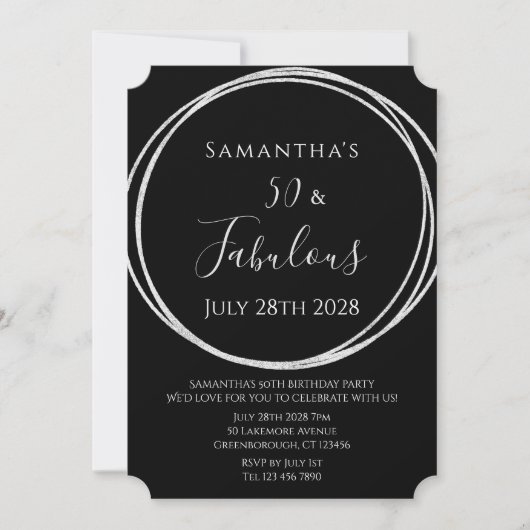 50th Birthday Black Silver Birthday 招待状 (正面)