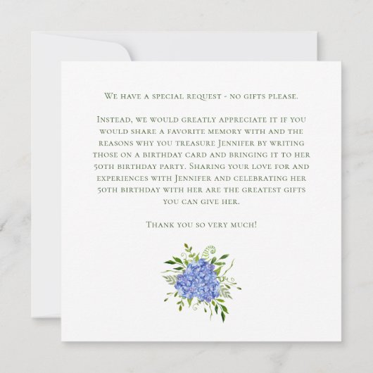 50th Birthday Blue Hydrangeas Card Request  招待状 (裏面)