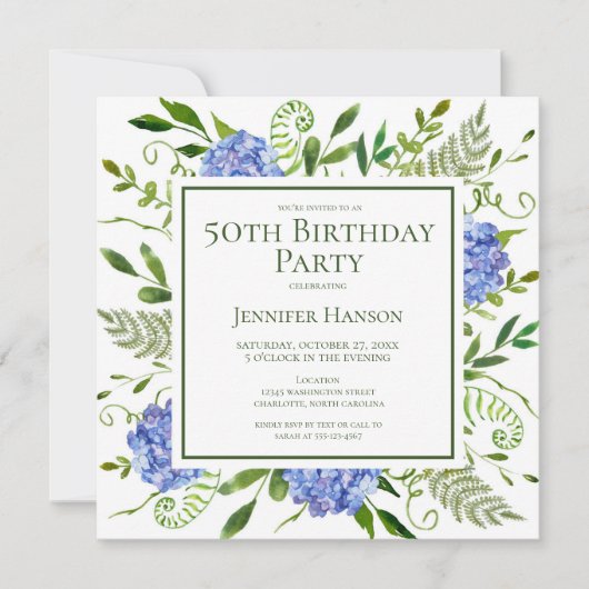 50th Birthday Blue Hydrangeas Card Request  招待状 (正面)