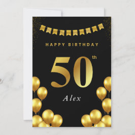 50th Birthday Card Black and Gold Balloons カード
