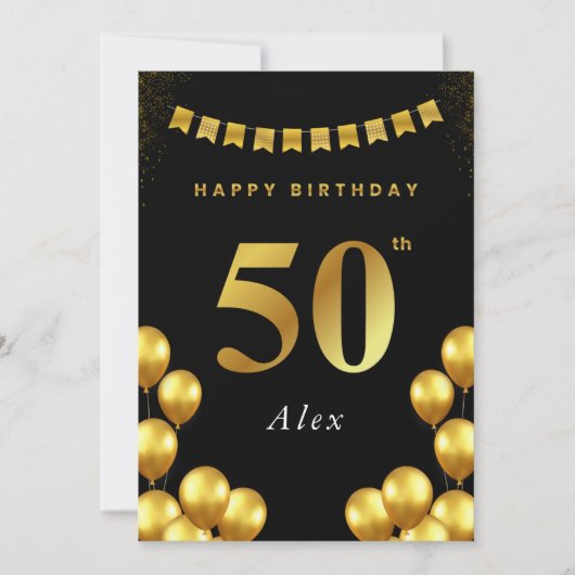 50th Birthday Card Black and Gold Balloons カード (正面)