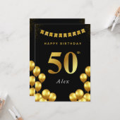 50th Birthday Card Black and Gold Balloons カード (正面/裏面インサイチュ)