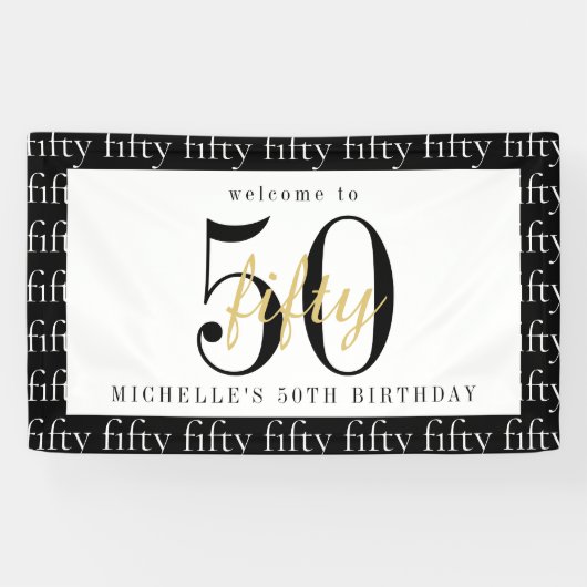 50th Birthday Chic Black White Gold Welcome Party 横断幕 (横)