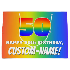50th Birthday: Colorful, Fun Rainbow Pattern # 50 ラージペーパーバッグ
