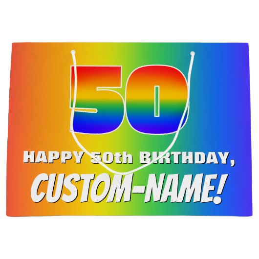 50th Birthday: Colorful, Fun Rainbow Pattern # 50 ラージペーパーバッグ (正面)