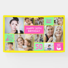 50th Birthday Custom Photo Collage Neon Yellow 横断幕