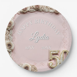 50th Birthday Elegant Floral Papercut Style ペーパープレート