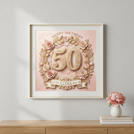 50th Birthday Elegant Floral Papercut Style ポスター