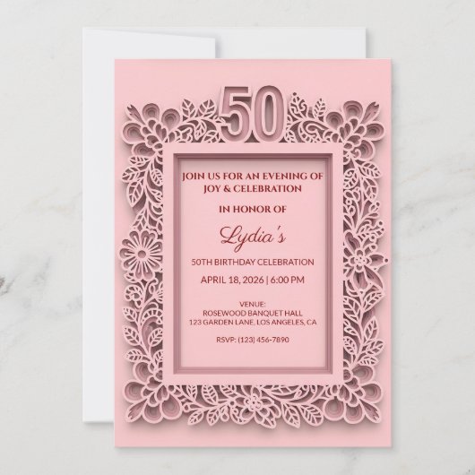 50th Birthday Elegant Floral Papercut Style 招待状 (正面)