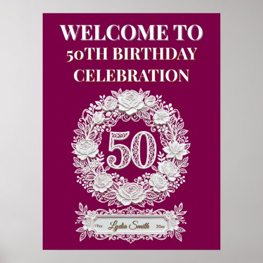 50th Birthday Elegant Papercut Style Welcome Sign ポスター (正面)