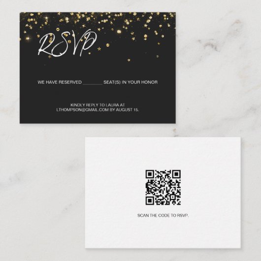 50th birthday Email RSVP Gold confetti QR code エンクロージャーカード (正面/裏面)