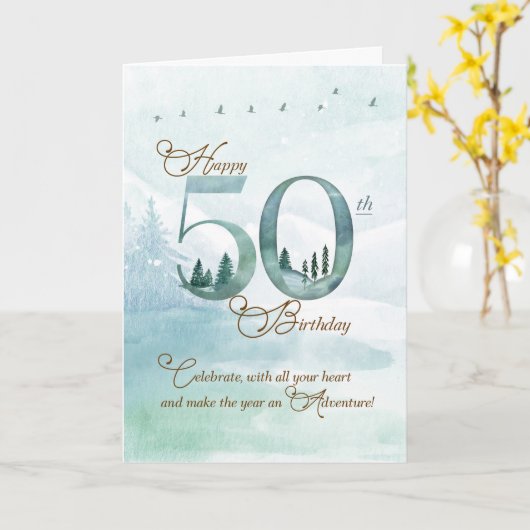 50th Birthday Evergreen Pines and Deer Nature カード (黄色い花)