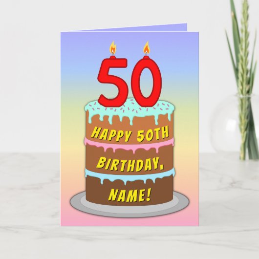50th Birthday — Fun Cake & Candles, w/ Custom Name カード (正面)