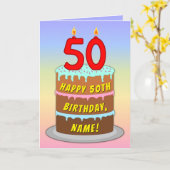 50th Birthday — Fun Cake & Candles, w/ Custom Name カード (黄色い花)