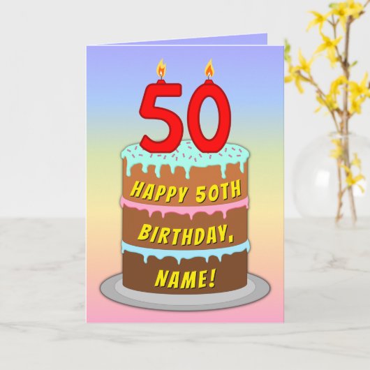 50th Birthday — Fun Cake & Candles, w/ Custom Name カード (黄色い花)