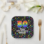 50th Birthday: Fun Stars Pattern and Rainbow “50” ペーパープレート<br><div class="desc">This cheerful and joyful birthday paper plate design features a large number “50” having a rainbow spectrum gradient inspired pattern. It also features the message “Happy 50th Birthday, ”, and a custom name. The background features a vibrant and colorful pattern inspired by a field of stars. Exciting birthday themed paper...</div>