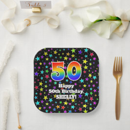50th Birthday: Fun Stars Pattern and Rainbow “50” ペーパープレート