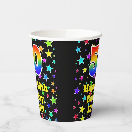 50th Birthday: Fun Stars Pattern and Rainbow 50 紙コップ (左)