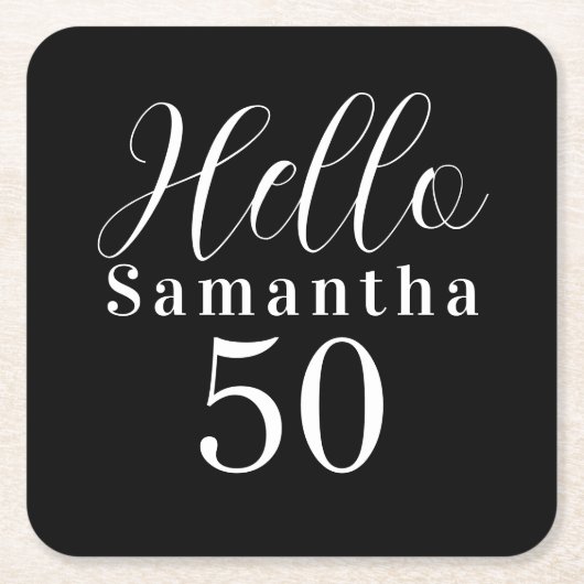 50th Birthday Hello 50 Black and White Party スクエアペーパーコースター (正面)