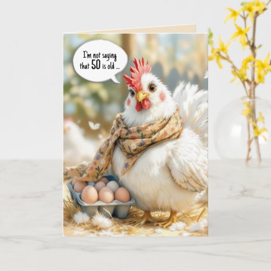 50th Birthday Hen With Eggs in Carton カード (黄色い花)