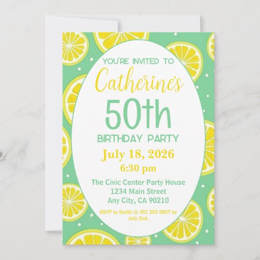 50th Birthday Invitation, Lemon and Green Motif 招待状 (正面)