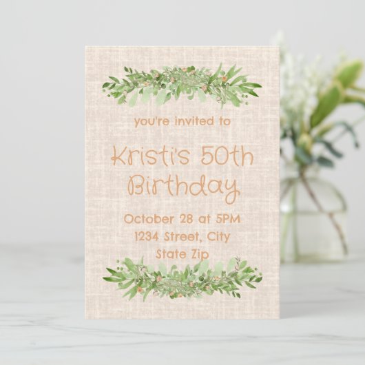 50th Birthday Invitation – Linen Greenery | Fifty 招待状 (スタンド正面)