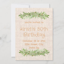 50th Birthday Invitation – Linen Greenery | Fifty