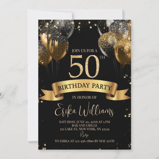 50th Birthday Invitation Template: Black Gold Ball 招待状 (正面)