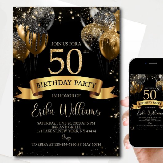 50th Birthday Invitation Template: Black Gold Ball 招待状