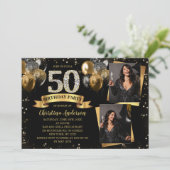 50th Birthday Modern Gold Glitter Balloons 2 Photo 招待状 (スタンド正面)