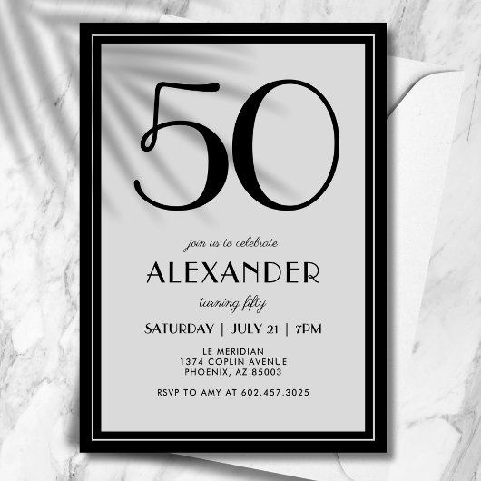 50th Birthday Modern Minimalist Mens Black Gray 招待状