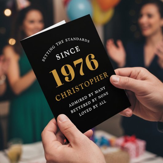 50th Birthday Name 1976 Black Gold Elegant Card