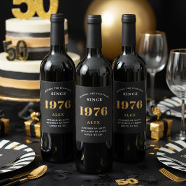 50th Birthday Name 1976 Black Gold Elegant Chic ワインラベル
