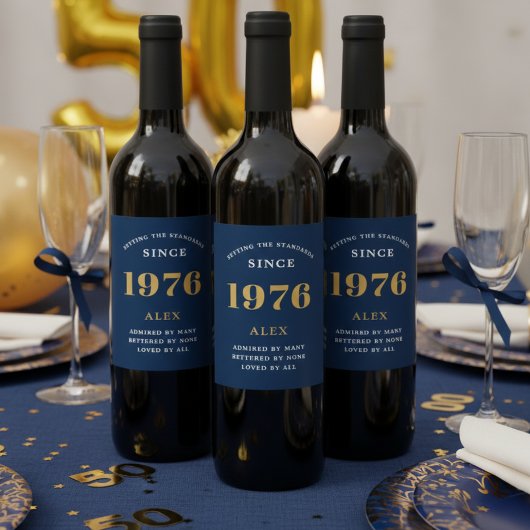 50th Birthday Name 1976 Blue Gold Elegant Chic ワインラベル