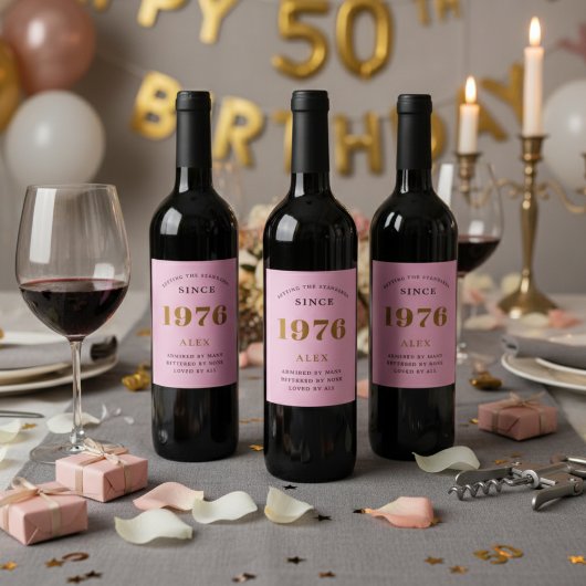 50th Birthday Name 1976 Pink Gold Elegant Chic ワインラベル