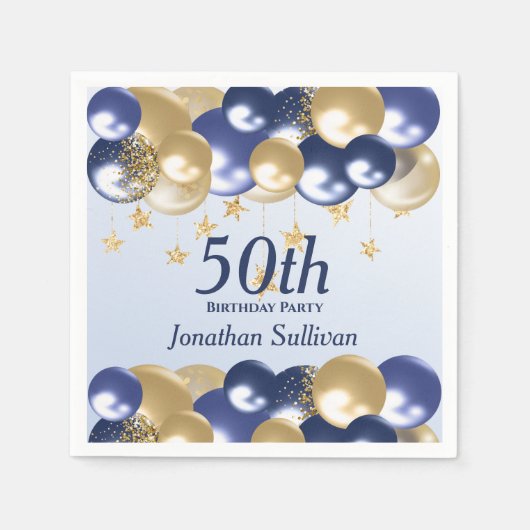 50th Birthday Navy Gold Balloons Party スタンダードカクテルナプキン (正面)
