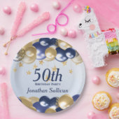 50th Birthday Navy Gold Balloons Party ペーパープレート (パーティー)