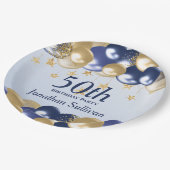 50th Birthday Navy Gold Balloons Party ペーパープレート (アングル)