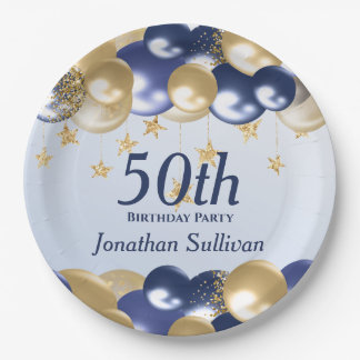 50th Birthday Navy Gold Balloons Party ペーパープレート